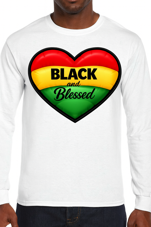White long-sleeve shirt with a heart design featuring the text 'Black and Blessed' in Rastafarian colors.